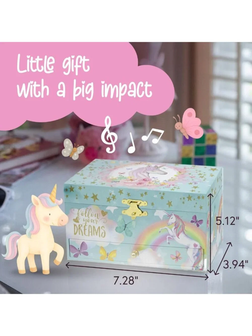 Unicorn Musical Jewelry Box for Kids - Classic Melody, Storage Organizer, MDF